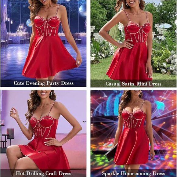 Women's Red Dress Satin Spaghetti Straps w/ Rhinestones, size small - Picture 4 of 4